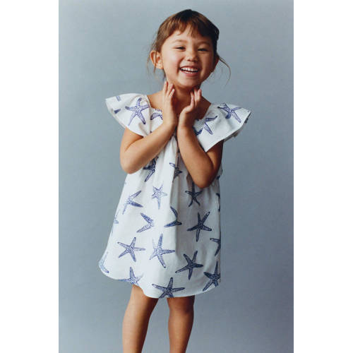 Mango Kids jurk met all over print wit blauw Meisjes Katoen Ronde hals 80