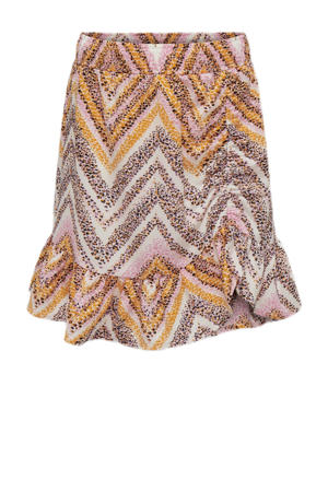 rok KOGNOVA LIFE PHILINE met all over print en volant roze/bruin/offwhite