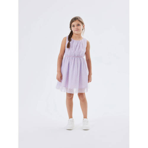 Name it KIDS jurk NKFVABOS met stippen lila Paars Meisjes Polyester Ronde hals 128