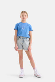 thumbnail: Blauwe meisjes Shoeby regular fit short van katoen met high waist, rits- en knoopsluiting en effen