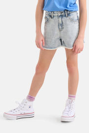 thumbnail: Light blue denim meisjes Shoeby regular fit short bleached van katoen met high waist, rits- en knoopsluiting en effen