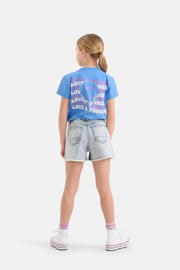 thumbnail: Light blue denim meisjes Shoeby regular fit short bleached van katoen met high waist, rits- en knoopsluiting en effen