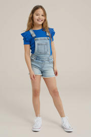 thumbnail: Light blue denim meisjes WE Fashion tuinbroek van denim met rits- en knoopsluiting en effen