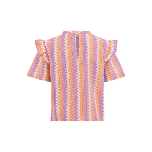 Shoeby crochet T-shirt met all over print en ruches lila oranje offwhite Paars Meisjes Katoen Ronde hals 110 116