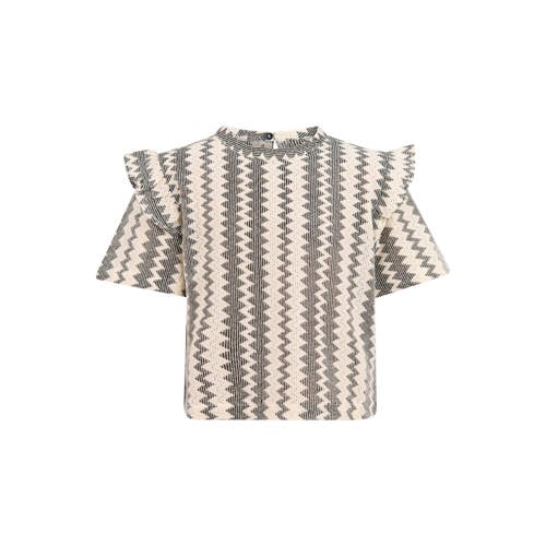 Shoeby crochet T-shirt met all over print en ruches zwart/offwhite Meisjes Katoen Ronde hals - 134/140