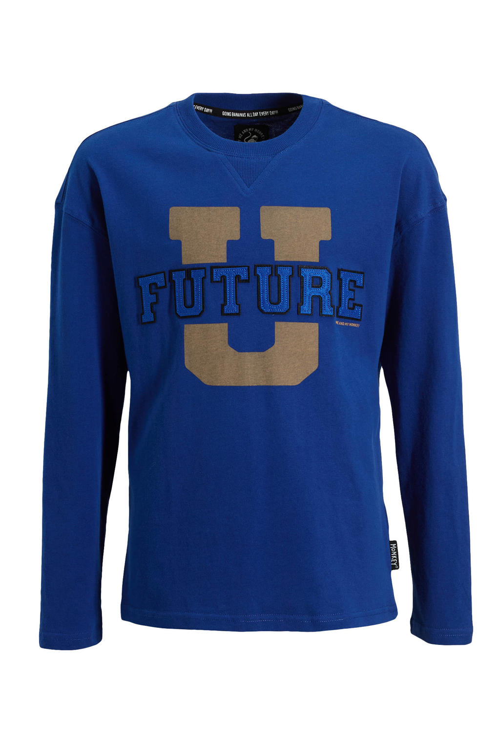 Donkerblauwe jongens Me & My Monkey longsleeve Raeven van katoen met printopdruk, lange mouwen en ronde hals