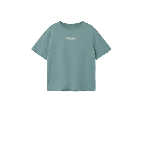 NAME IT KIDS T-shirt NKMBRODY met tekst mineraalblauw Jongens Biologisch katoen Ronde hals