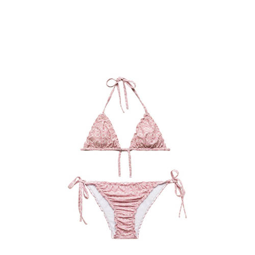 Mango Kids triangel bikini met ruches roze/wit Meisjes Polyester All over print - 168(M)