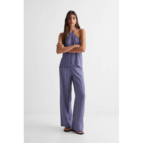 Mango Kids broek met all over print donkerblauw paars Meisjes Viscose All over print 152(XXS)