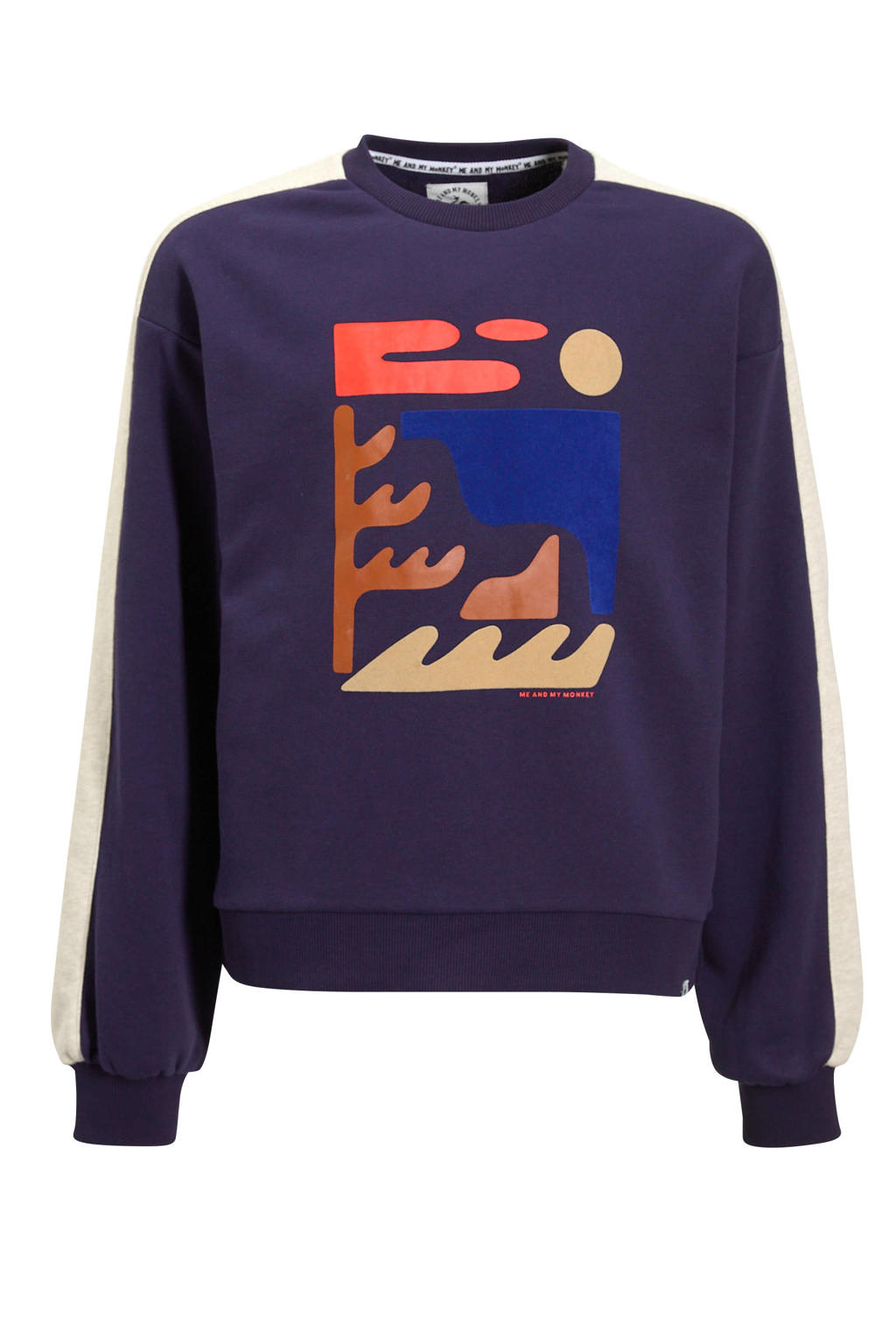 Donkerblauwe meisjes Me & My Monkey sweater Rinske van katoen met printopdruk, lange mouwen en ronde hals