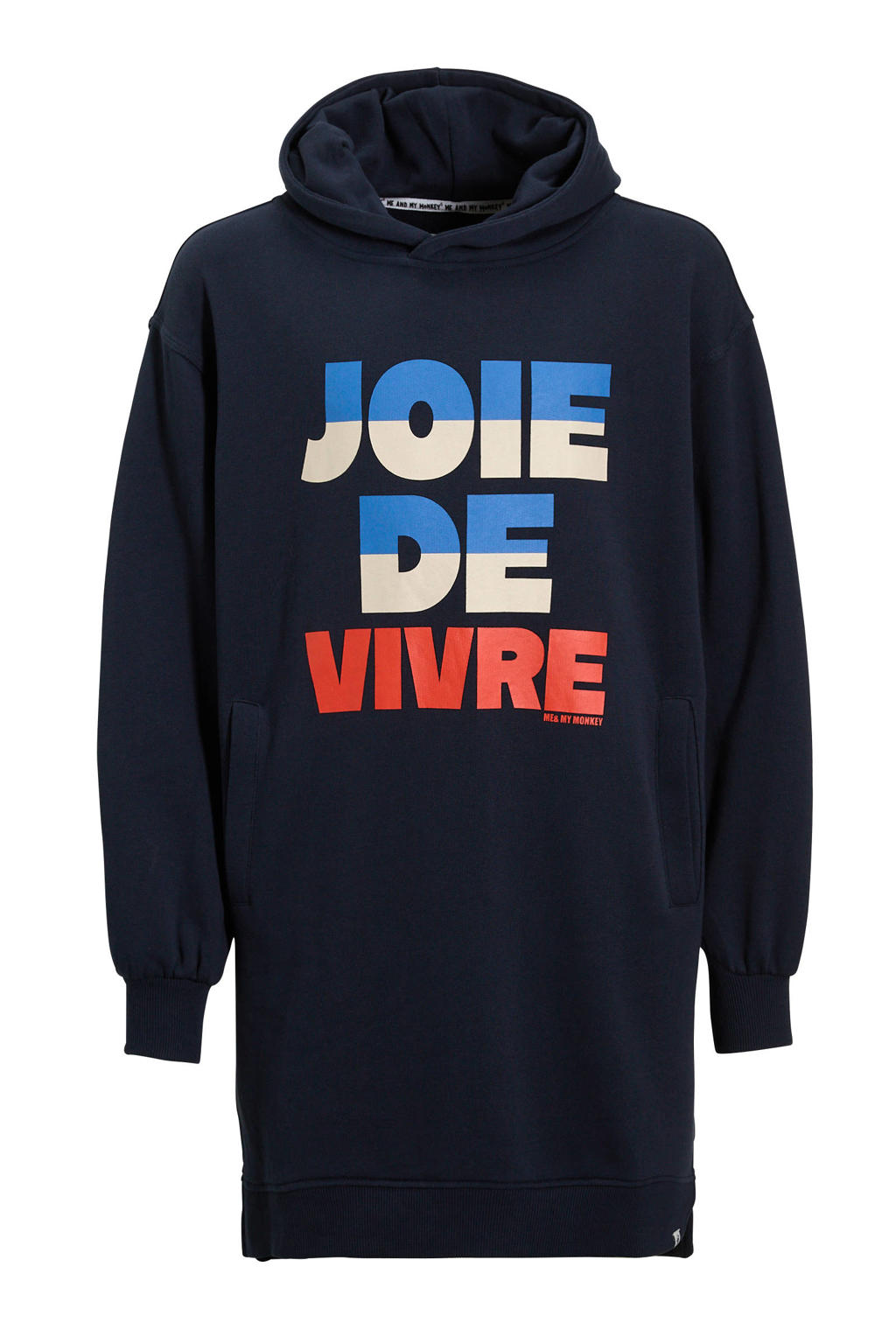 Donkerblauwe meisjes Me & My Monkey sweatjurk Ryleigh van katoen met printopdruk, lange mouwen en capuchon
