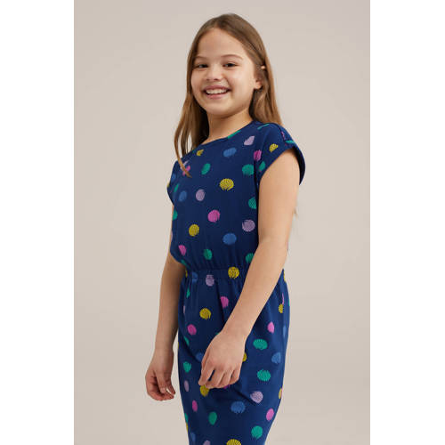 WE Fashion jurk met all over print multicolor Blauw Meisjes Stretchkatoen Ronde hals 146 152