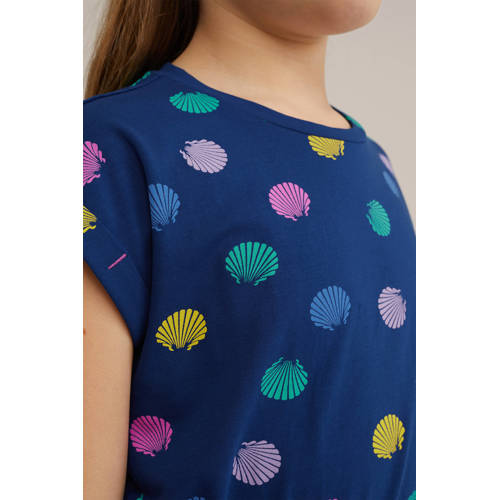 WE Fashion jurk met all over print multicolor Blauw Meisjes Stretchkatoen Ronde hals 92
