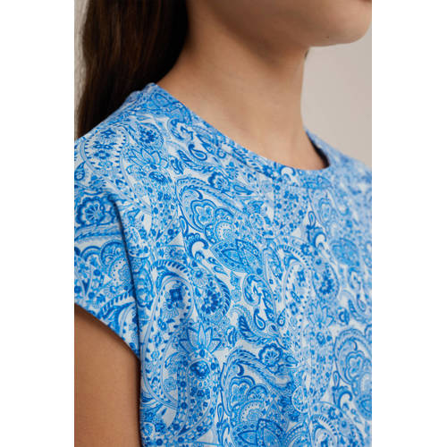 WE Fashion jurk met paisleyprint blauw wit Meisjes Stretchkatoen Ronde hals 92