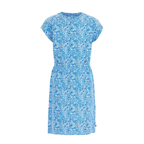 WE Fashion jurk met paisleyprint blauw/wit Meisjes Stretchkatoen Ronde hals