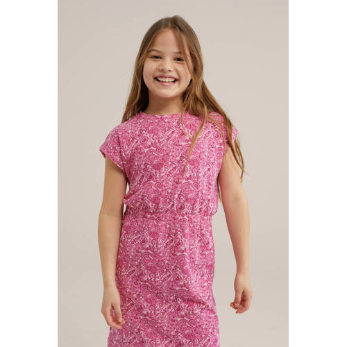 WE Fashion jurk met paisleyprint roze wit Meisjes Stretchkatoen Ronde hals 92