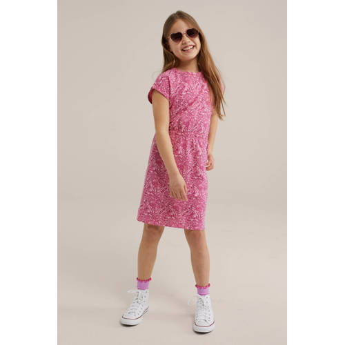 WE Fashion jurk met paisleyprint roze wit Meisjes Stretchkatoen Ronde hals 110 116