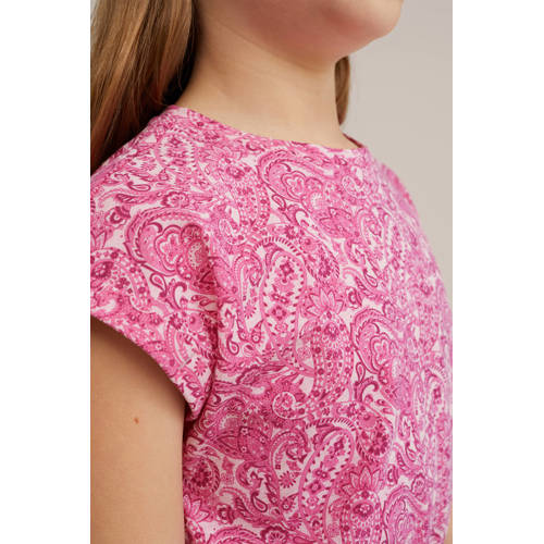 WE Fashion jurk met paisleyprint roze wit Meisjes Stretchkatoen Ronde hals 92