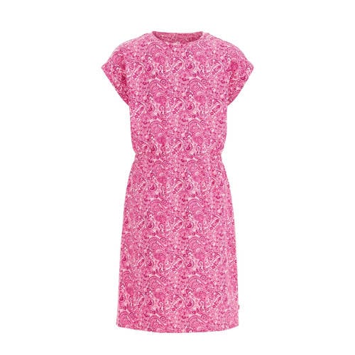 WE Fashion jurk met paisleyprint roze/wit Meisjes Stretchkatoen Ronde hals - 110/116