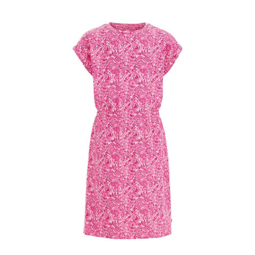 WE Fashion jurk met paisleyprint roze/wit Meisjes Stretchkatoen Ronde hals