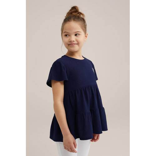 WE Fashion trapeze jurk donkerblauw Meisjes Polyester Ronde hals Effen 92