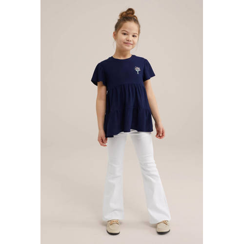 WE Fashion trapeze jurk donkerblauw Meisjes Polyester Ronde hals Effen 92