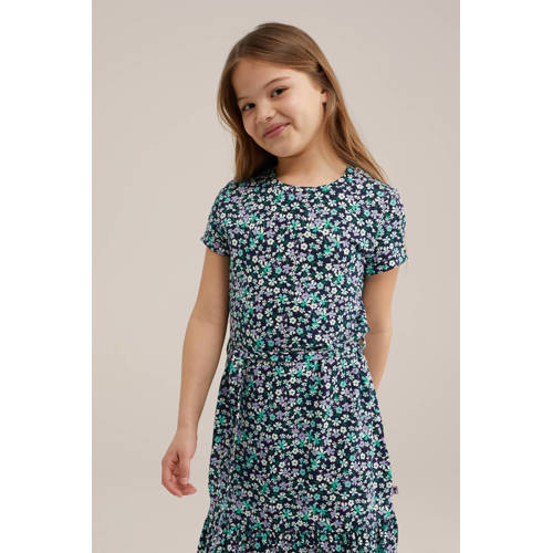 WE Fashion gebloemde jurk multi Blauw Meisjes Stretchkatoen Ronde hals 92