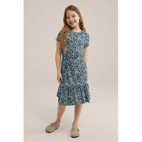WE Fashion gebloemde jurk multi Blauw Meisjes Stretchkatoen Ronde hals 92