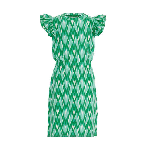 WE Fashion jurk met all over print en ruches groen Meisjes Stretchkatoen Ronde hals