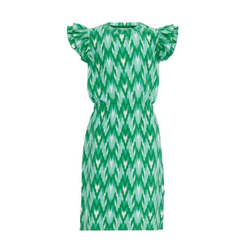 WE Fashion jurk met all over print en ruches groen Meisjes Stretchkatoen Ronde hals