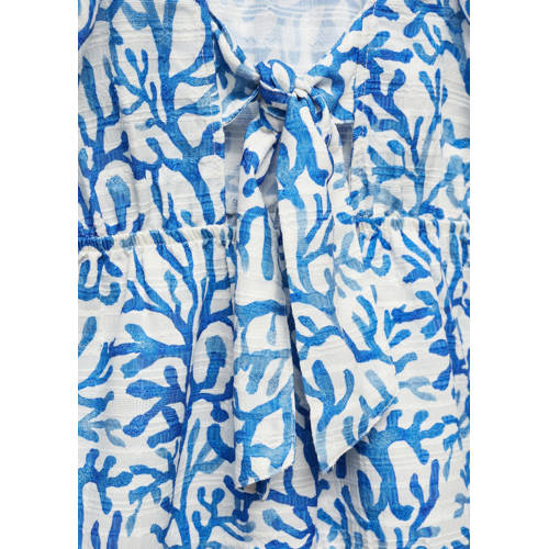 Mango Kids A-lijn jurk met all over print blauw wit Meisjes Polyester Ronde hals 146