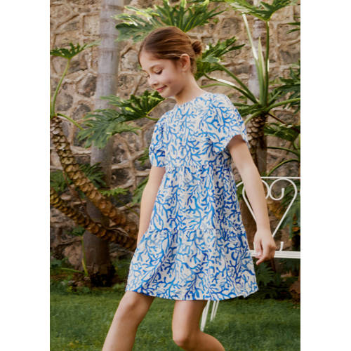 Mango Kids A-lijn jurk met all over print blauw wit Meisjes Polyester Ronde hals 146