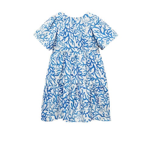 Mango Kids A-lijn jurk met all over print blauw/wit Meisjes Polyester Ronde hals
