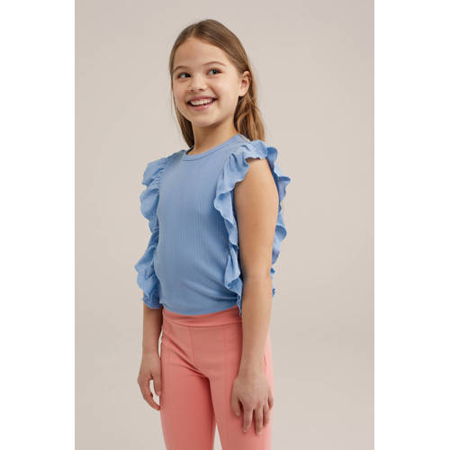 WE Fashion top blauw Meisjes Stretchkatoen Ronde hals Effen 110 116