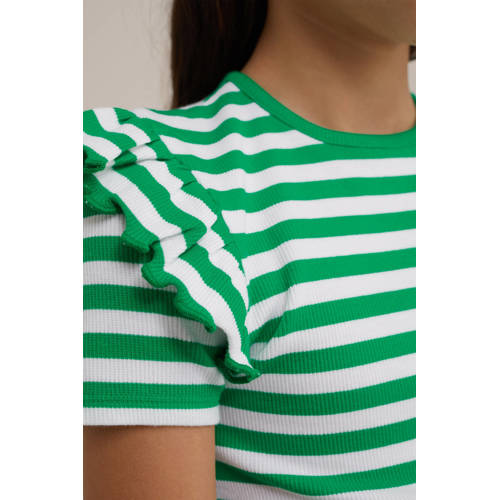 WE Fashion gestreept T-shirt groen Meisjes Biologisch katoen Ronde hals 98 104