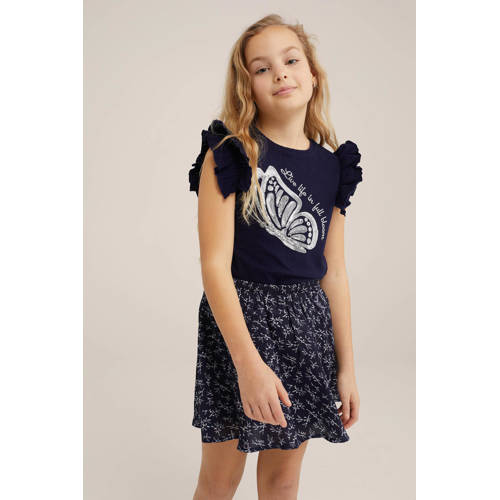 WE Fashion T-shirt met printopdruk donkerblauw Meisjes Katoen Ronde hals 110 116