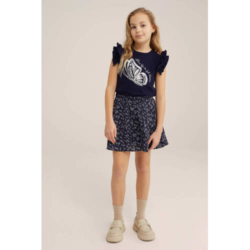 WE Fashion T-shirt met printopdruk donkerblauw Meisjes Katoen Ronde hals 110 116