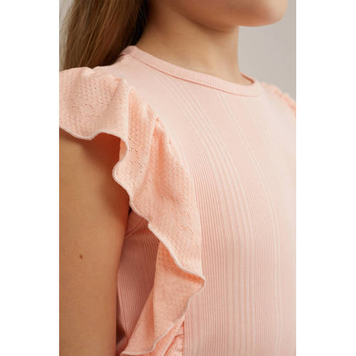 WE Fashion top zalmroze Meisjes Stretchkatoen Ronde hals Effen 92