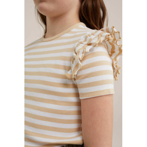 WE Fashion gestreept T-shirt beige Meisjes Katoen Ronde hals Streep 98 104