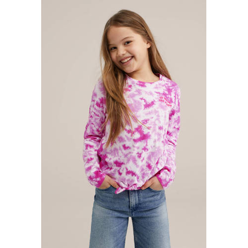 WE Fashion longsleeve met all over print roze lichtroze wit Meisjes Biologisch katoen Ronde hals 92