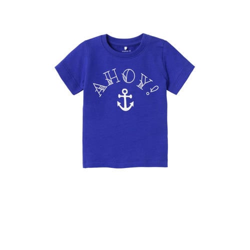 NAME IT BABY baby T-shirt NBMFALVIN met tekst kobaltblauw Jongens Katoen Ronde hals