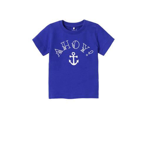 NAME IT BABY baby T-shirt NBMFALVIN met tekst kobaltblauw Jongens Biologisch katoen Ronde hals