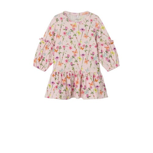 NAME IT BABY gebloemde baby jurk NBFFOLIA roze/groen Meisjes Biologisch katoen Ronde hals
