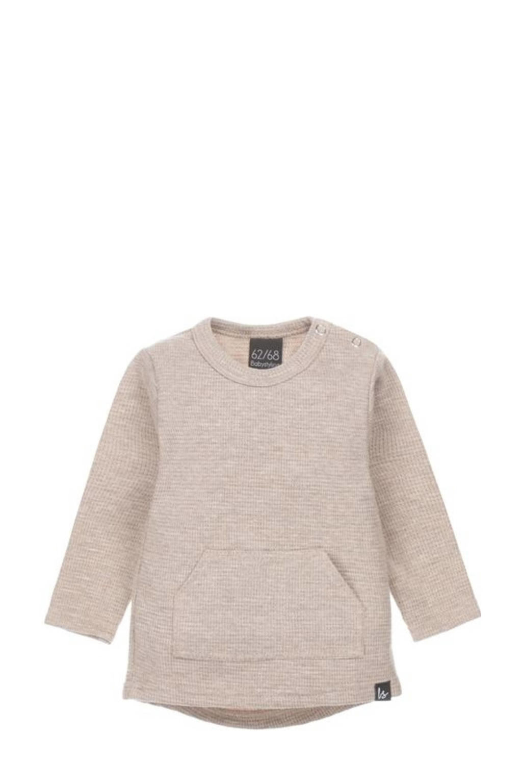 Beige jongens Babystyling longsleeve van stretchkatoen met effen, lange mouwen, ronde hals en drukknoopsluiting