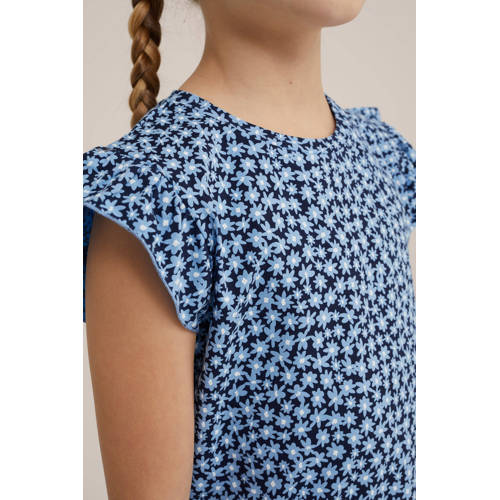 WE Fashion gebloemde nachthemd blauw Meisjes Stretchkatoen Ronde hals Bloemen 110 116