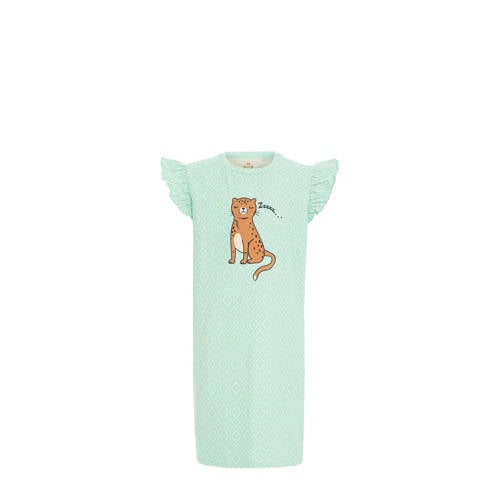 WE Fashion pyjama met all over print en ruches lichtblauw/wit Nachthemd Groen Meisjes Stretchkatoen Ronde hals - 110/116