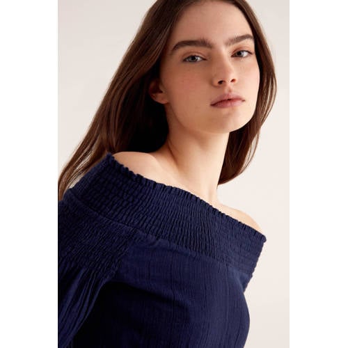 Mango Kids off shoulder top donkerblauw Effen 152(XXS)