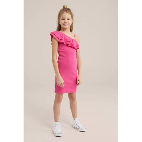WE Fashion jurk Roze Meisjes Stretchkatoen One shoulder Effen 170 176