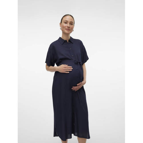 VERO MODA MATERNITY gebloemde zwangerschapsjurk VMMBUMPY donkerblauw Dames Viscose Klassieke kraag S