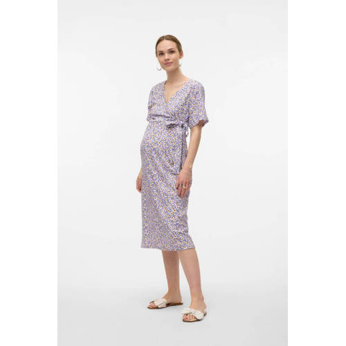 Mamalicious gebloemde zwangerschaps- en voedingsjurk MLMARIA lila wit oranje Paars Dames Polyester V-hals S